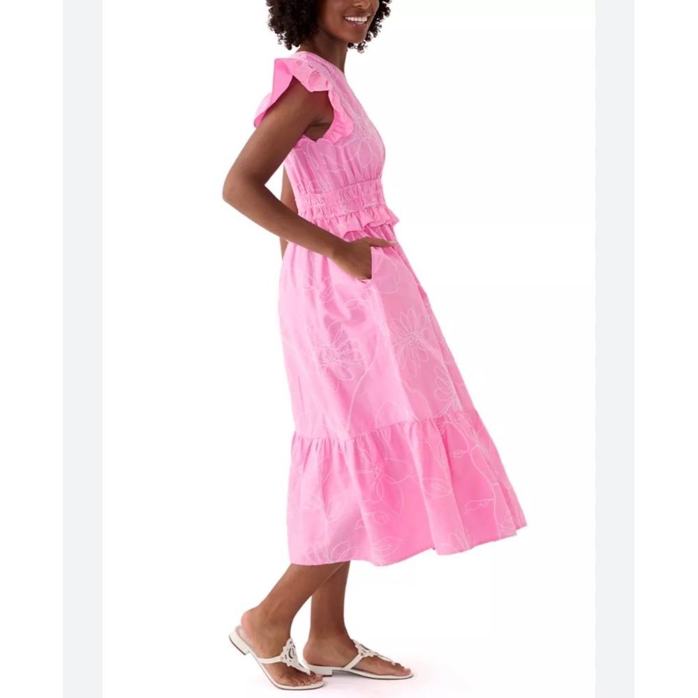 Crown & Ivy Pink Floral Embroidered Flutter Sleeve Smocked Midi Dress Womens M - Picture 2 of 8